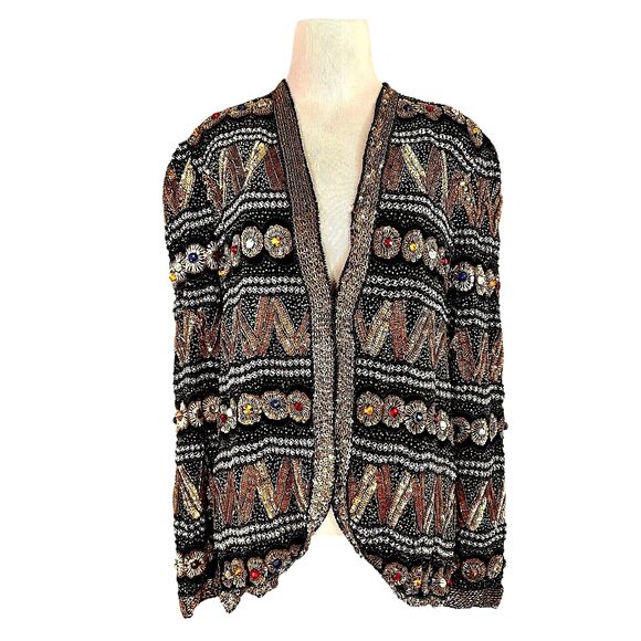 Vintage JP Fashions India Beaded Sequin Cardigan Gold Geometric XL - Picture 1 of 16